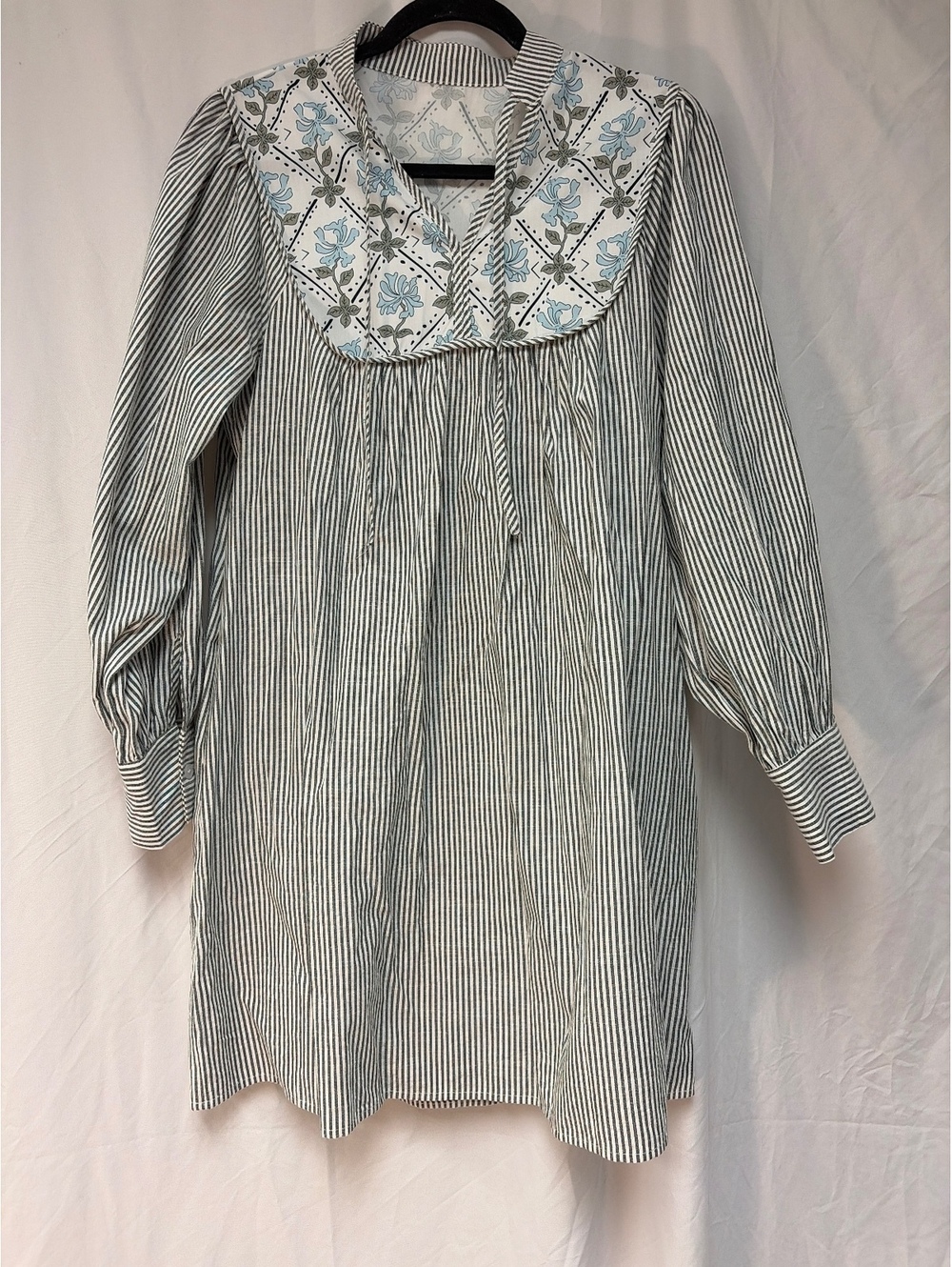 Vintage Style Long Sleeve Striped Dress with Embroidered Floral Yoke